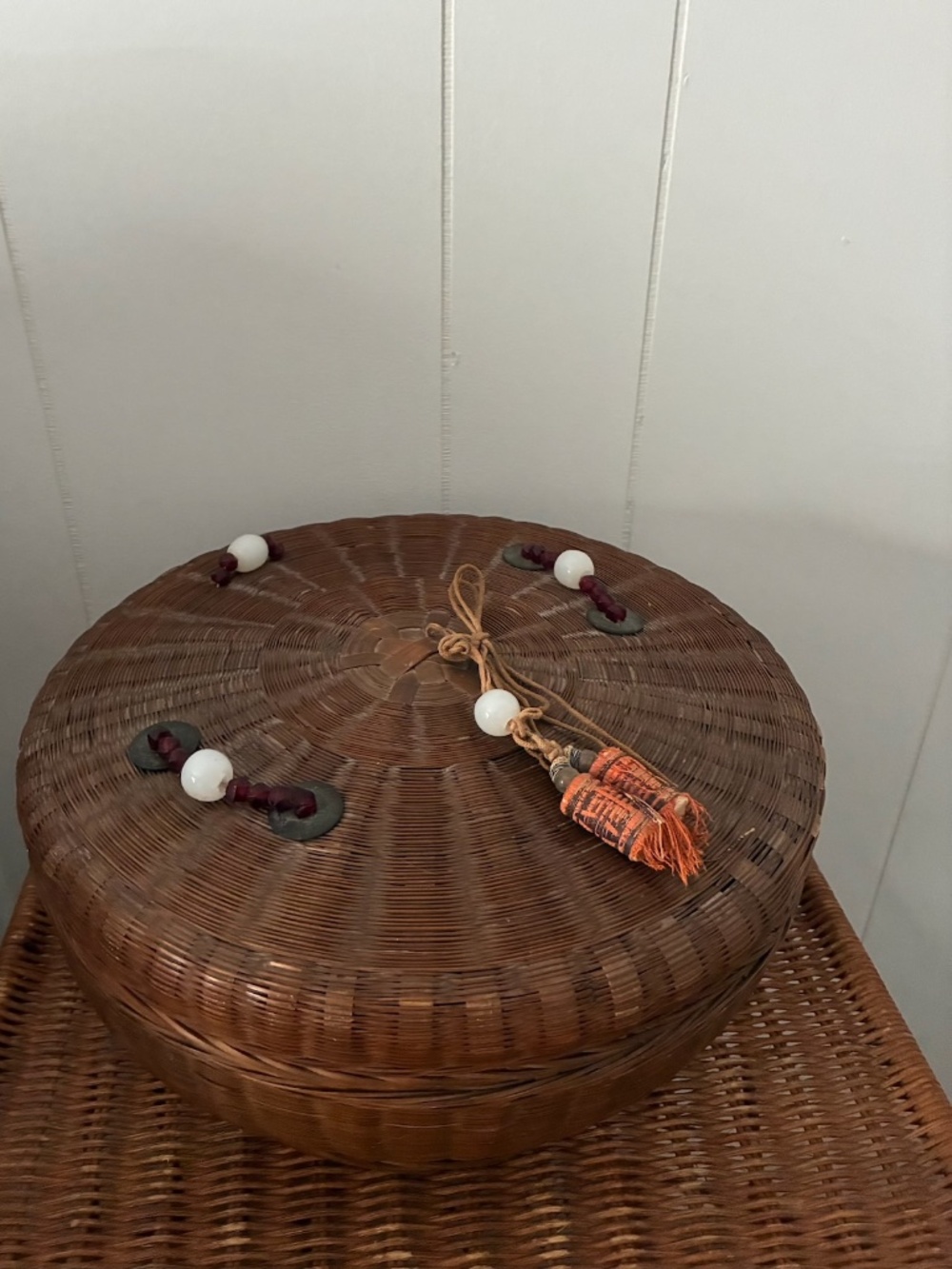1930s 1940s Chinese Sewing Woven Wicker with Coins